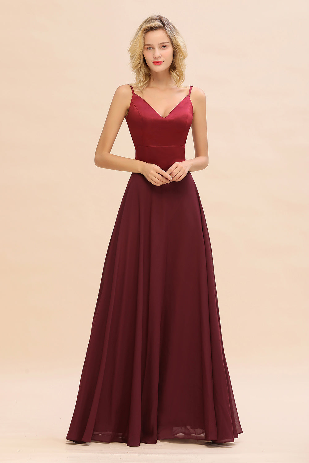 Simple Satin Chiffon Spaghetti-Straps Burgundy Long Bridesmaid Dress-27dress