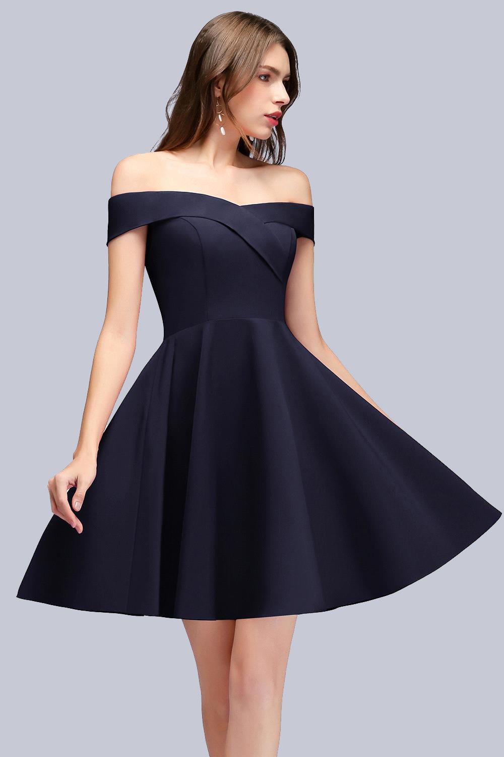 Simple Short Off the Shoulder Satin Dark Navy Bridesmaid Dress-27Dress