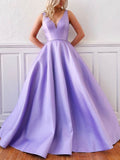 Simple V-neck Satin Prom Dress with Ball Gown/Princess Sweep Train