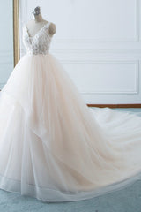 Simple V-Neck White Tulle Wedding Dress Sleeveless Lace Top Bridal Gowns with Beadings On Sale-27dress