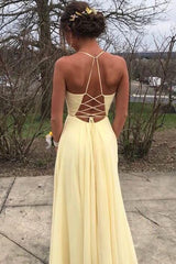 Simple V Neck Yellow Long Prom Dress with Slit