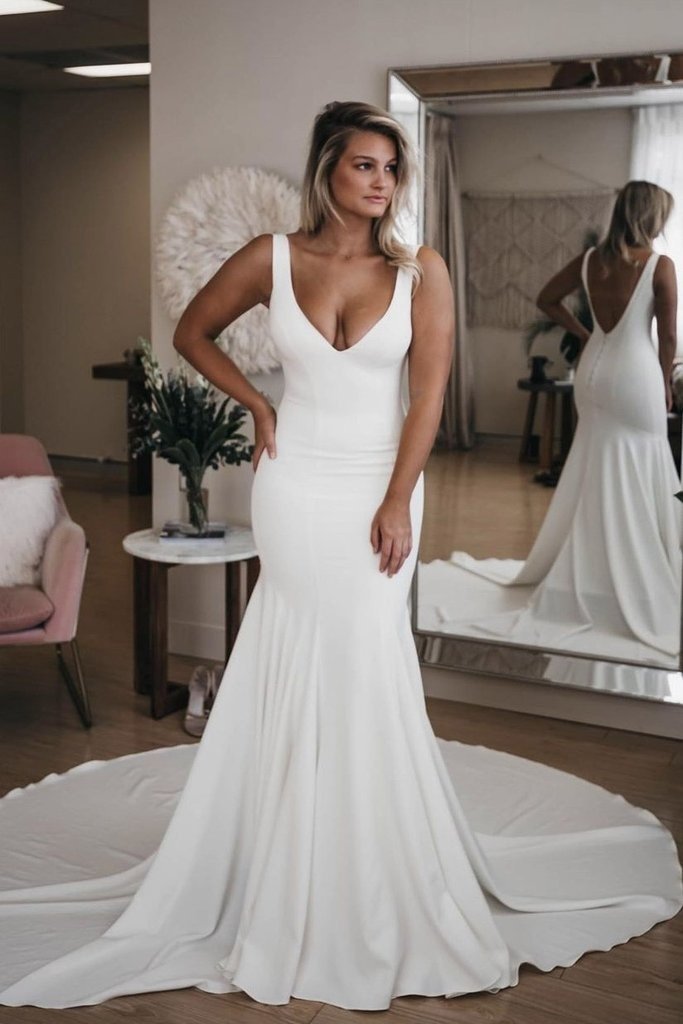 Simple White Long Mermaid V Neck Train Backless Wedding Dress-27Dress