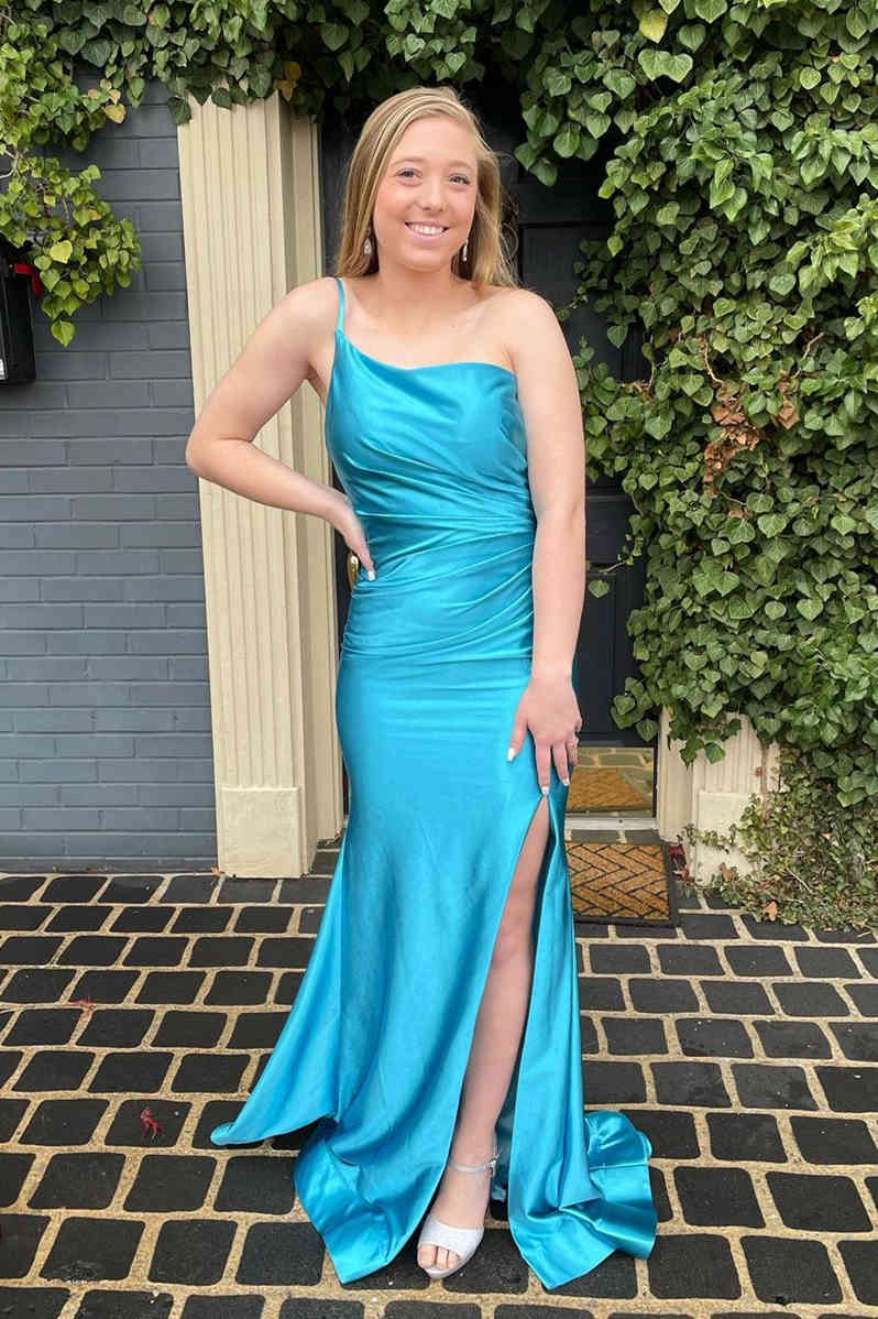 Single Spaghetti Strap Green Satin Long Prom Dress with Split-27dress