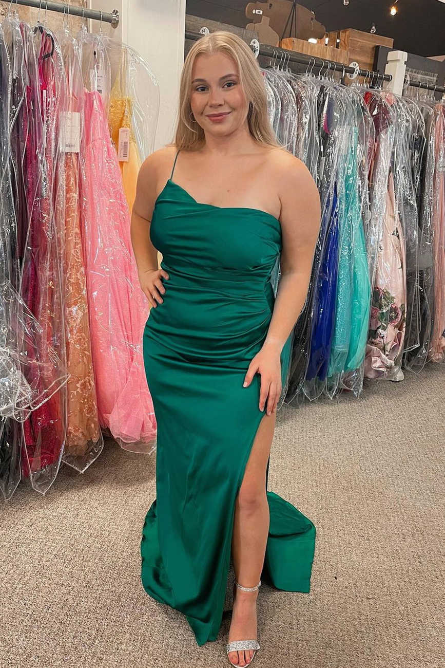 Single Spaghetti Strap Green Satin Long Prom Dress with Split-27dress