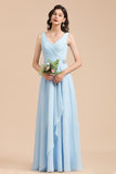 Sky Blue Chiffon Long Bridesmaid Dress Ruched-27dress