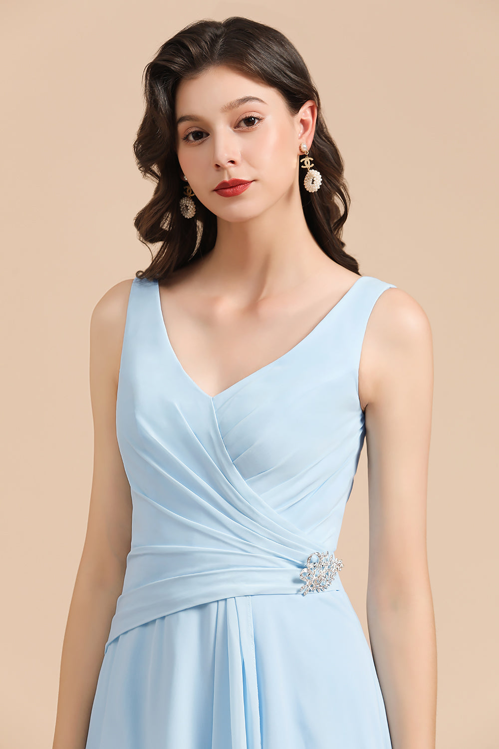 Sky Blue Chiffon Long Bridesmaid Dress Ruched-27dress