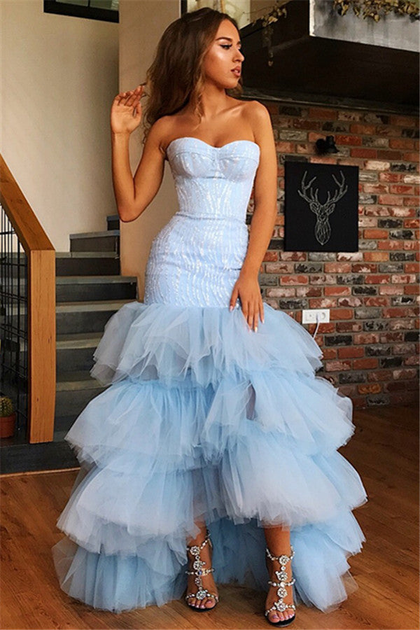 Sky Blue High Low Strapless Tulle Mermaid Prom Dress-27Dress