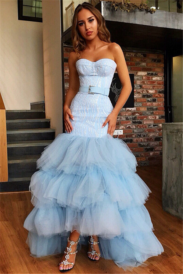 Sky Blue High Low Strapless Tulle Mermaid Prom Dress-27Dress