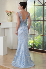 Sky Blue V-neck Mermaid Long Prom Dress with Lace Applique-27dress