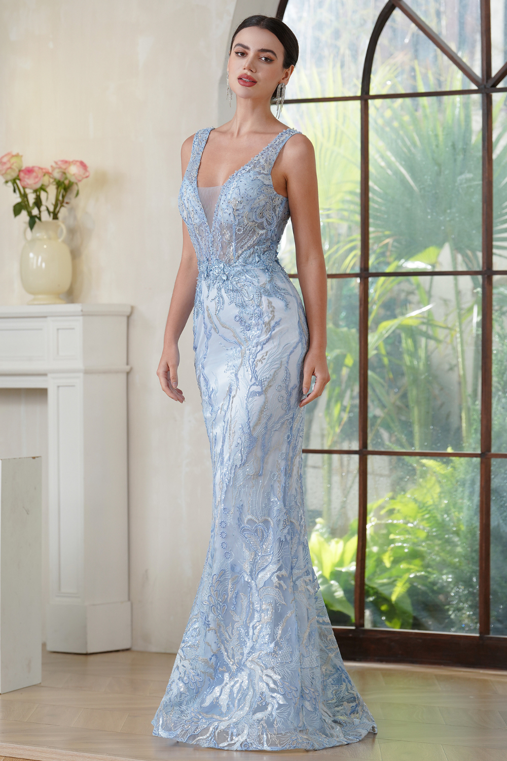 Sky Blue V-neck Mermaid Long Prom Dress with Lace Applique-27dress