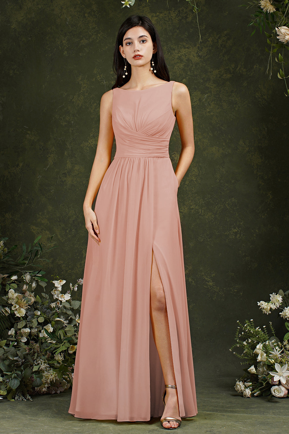 Sleeveless Bridesmaid Dress Long With Slit Online-27dress