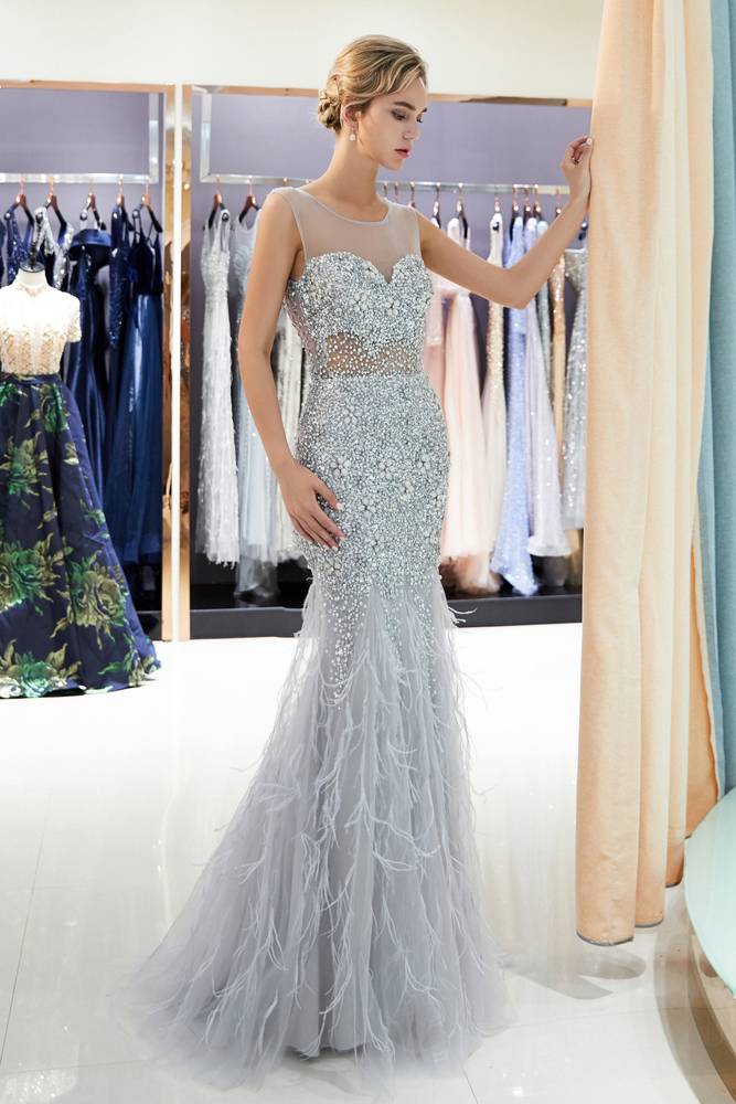 Sleeveless Mermaid Sequined Silver Long Prom Dress-27dress