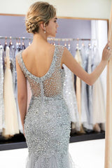 Sleeveless Mermaid Sequined Silver Long Prom Dress-27dress