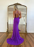 Sleeveless Sequined V-Neck Sheath/Column Prom Dress With Split Front and Sweep Train-27dress