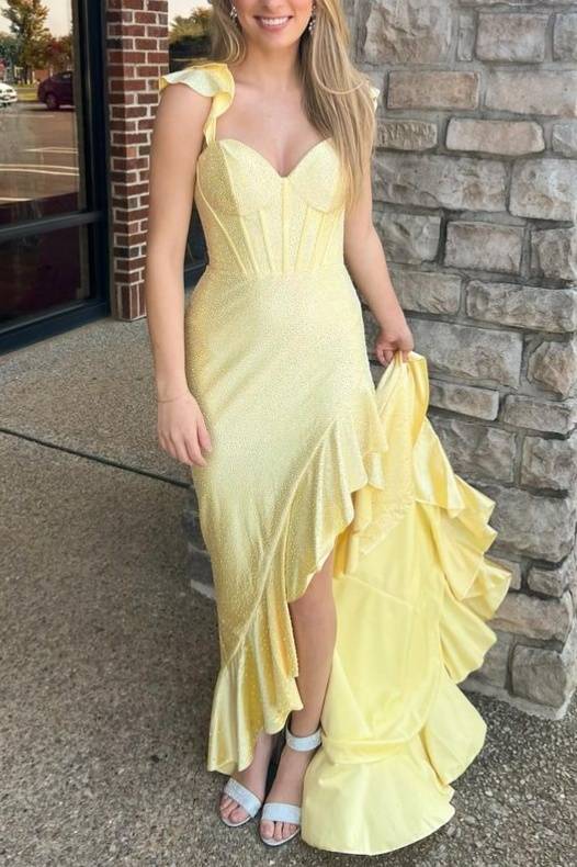 Sleeveless Yellow Beaded Mermaid Prom Dress with Ruffle-27dress