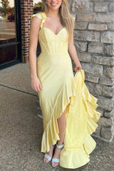 Sleeveless Yellow Beaded Mermaid Prom Dress with Ruffle-27dress