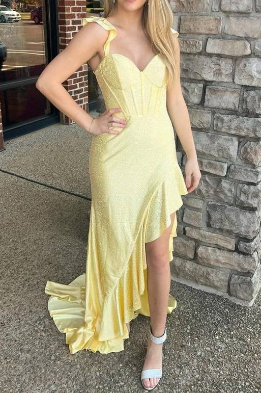 Sleeveless Yellow Beaded Mermaid Prom Dress with Ruffle-27dress