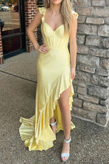 Sleeveless Yellow Beaded Mermaid Prom Dress with Ruffle-27dress