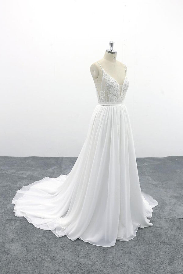 Spaghetti Strap Lace Chiffon A-line Wedding Dress On Sale-27dress