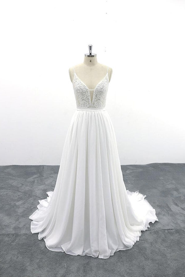 Spaghetti Strap Lace Chiffon A-line Wedding Dress On Sale-27dress