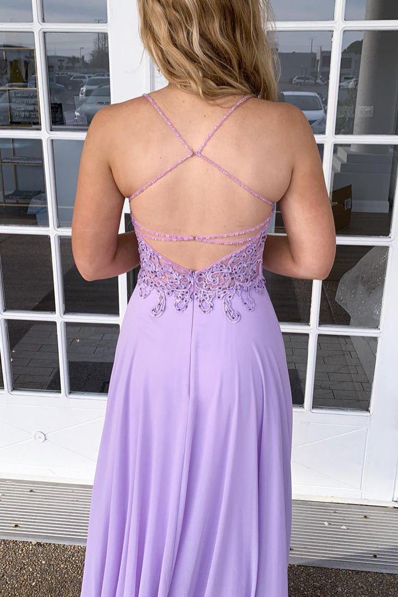 Spaghetti Straps Appliques Lilac Prom Dress with Criss back