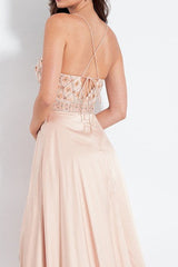 Spaghetti Straps Beaded Long Prom Dress with Side Slit-27dress