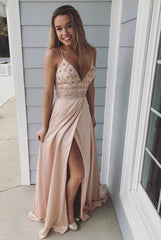 Spaghetti Straps Beaded Long Prom Dress with Side Slit-27dress