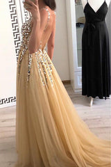 Spaghetti Straps Beading Long Tulle Prom Dress with Open Back-27dress