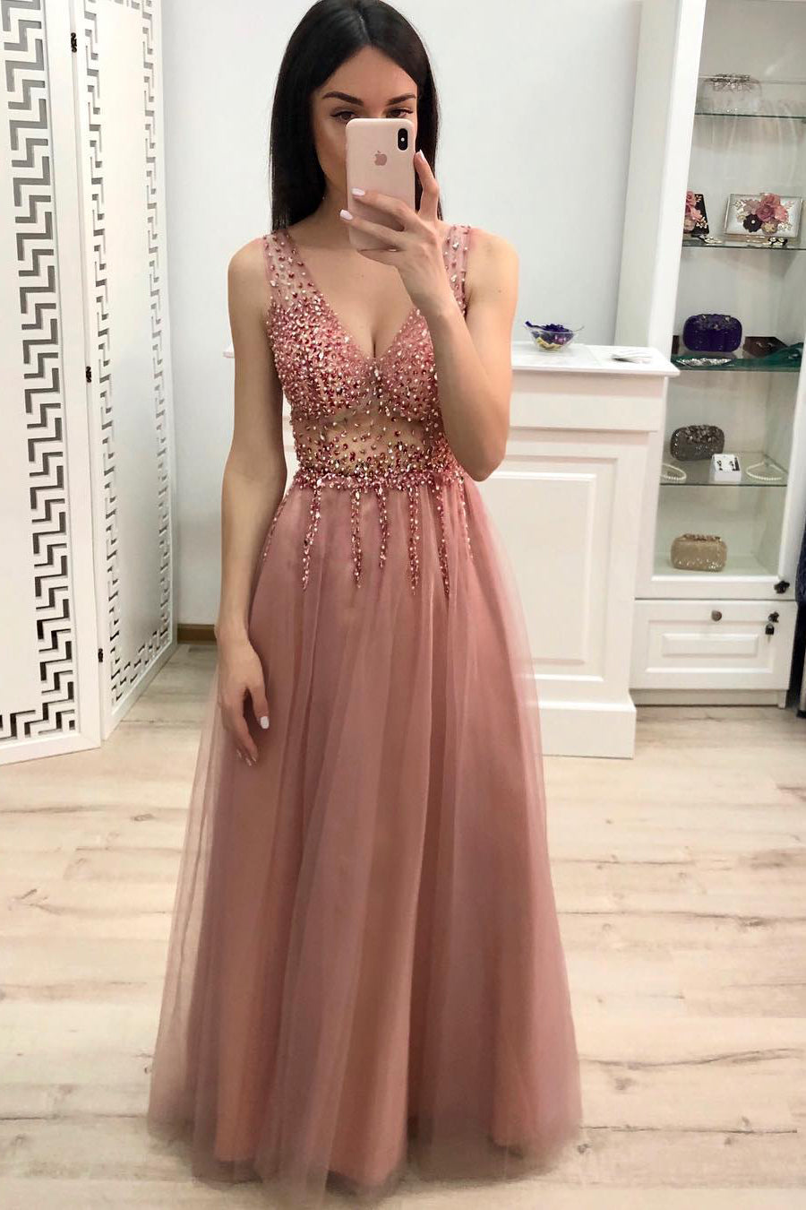 Spaghetti Straps Beading Long Tulle Prom Dress with Open Back-27dress