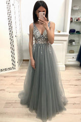 Spaghetti Straps Beading Long Tulle Prom Dress with Open Back-27dress