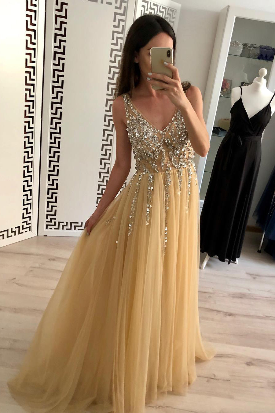 Spaghetti Straps Beading Long Tulle Prom Dress with Open Back-27dress