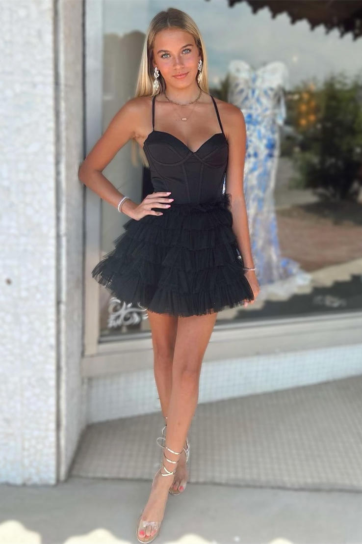 Spaghetti Straps Black Sheath Tiered Short Party Dress-27dress