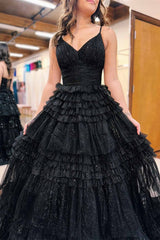 Spaghetti Straps Black V-Neck Pleated Tiered Long Prom Dress-27dress