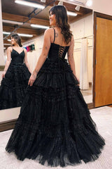 Spaghetti Straps Black V-Neck Pleated Tiered Long Prom Dress-27dress