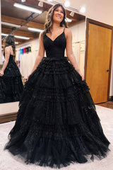 Spaghetti Straps Black V-Neck Pleated Tiered Long Prom Dress-27dress