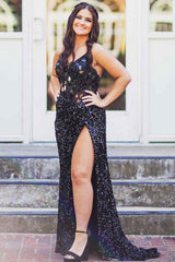 Spaghetti Straps Black V-Neck Sequined Long Prom Dress-27dress