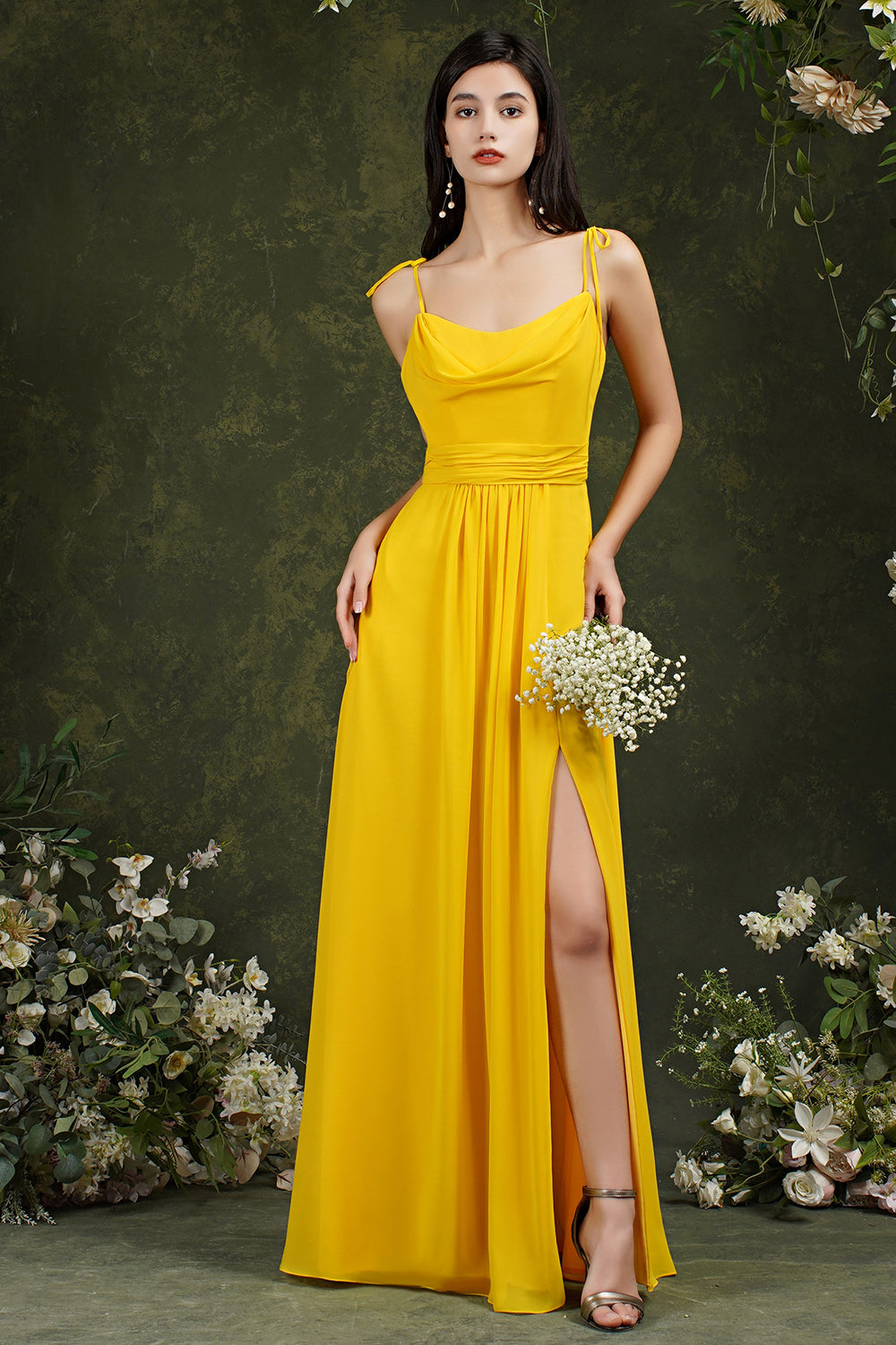 Spaghetti-Straps Bridesmaid Dress Chiffon With Slit-27dress