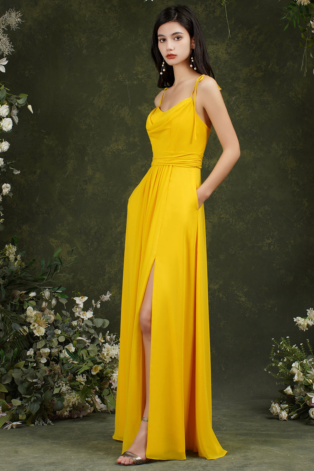 Spaghetti-Straps Bridesmaid Dress Chiffon With Slit-27dress