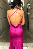 Spaghetti Straps Cowl Back Mermaid Fuchsia Long Prom Dress