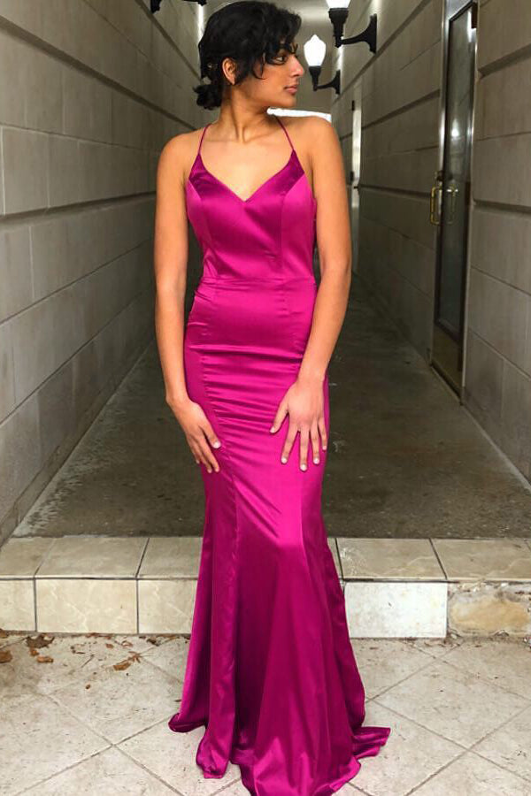 Spaghetti Straps Cowl Back Mermaid Fuchsia Long Prom Dress