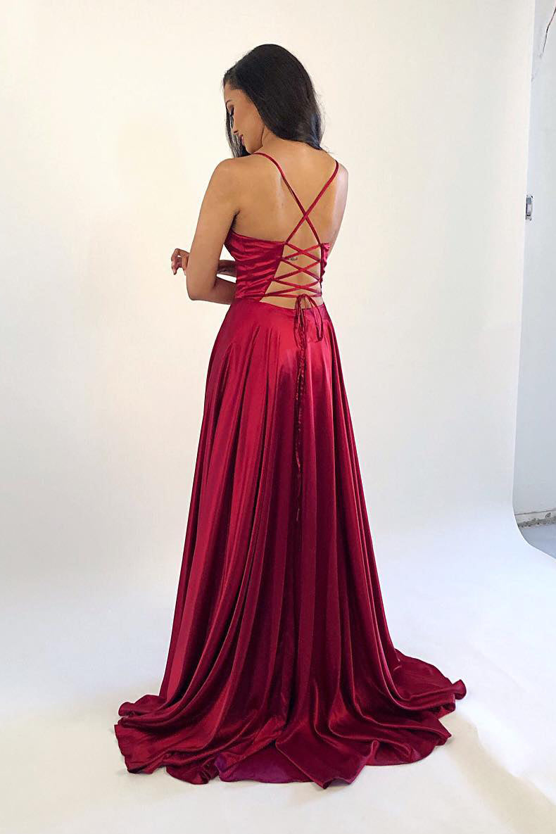 Spaghetti Straps Criss Cross Long Satin Prom Dress with Slit