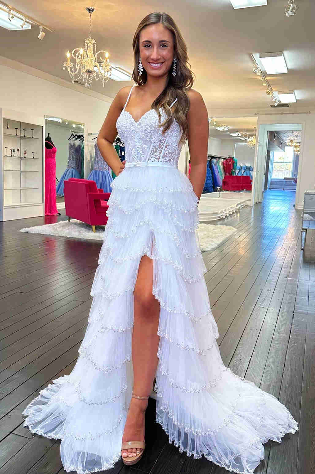 Spaghetti Straps Ivory Layered Tulle Prom Dress