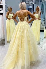 Spaghetti Straps Lace Appliques Yellow Long Prom Dress-27dress