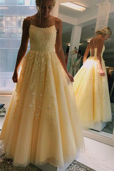 Spaghetti Straps Lace Appliques Yellow Long Prom Dress-27dress