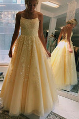 Spaghetti Straps Lace Appliques Yellow Long Prom Dress-27dress