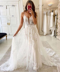 Spaghetti-Straps Lace Wedding Dress Sleeveless Online-27dress