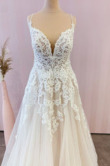 Spaghetti-Straps Lace Wedding Dress Tulle A-Line Bridal Gowns-27dress