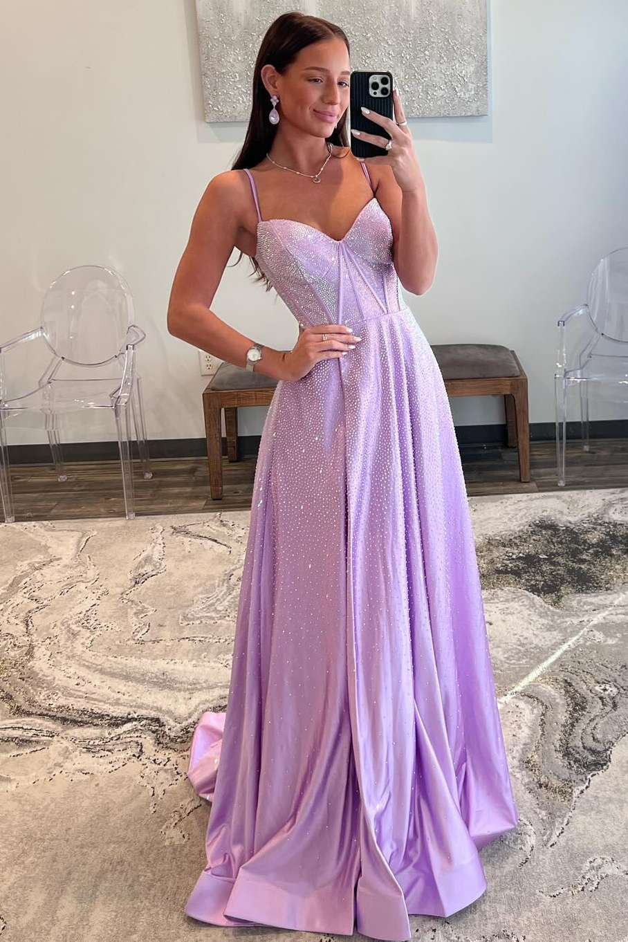 Spaghetti Straps Lilac Corset A-Line Prom Dress with Rhinestones-27dress