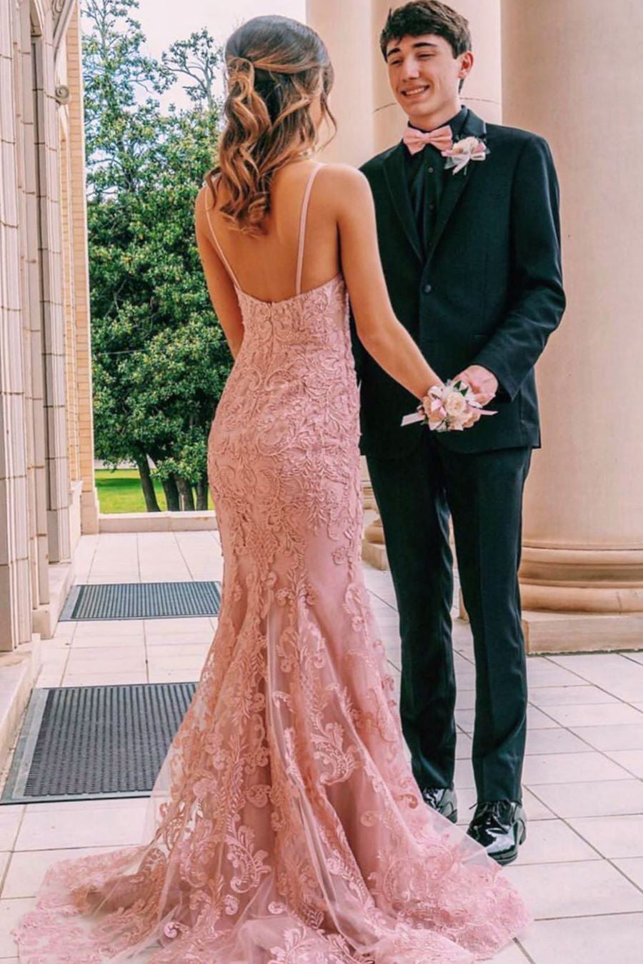 Spaghetti Straps Mermaid Lace Pink Long Prom Dress