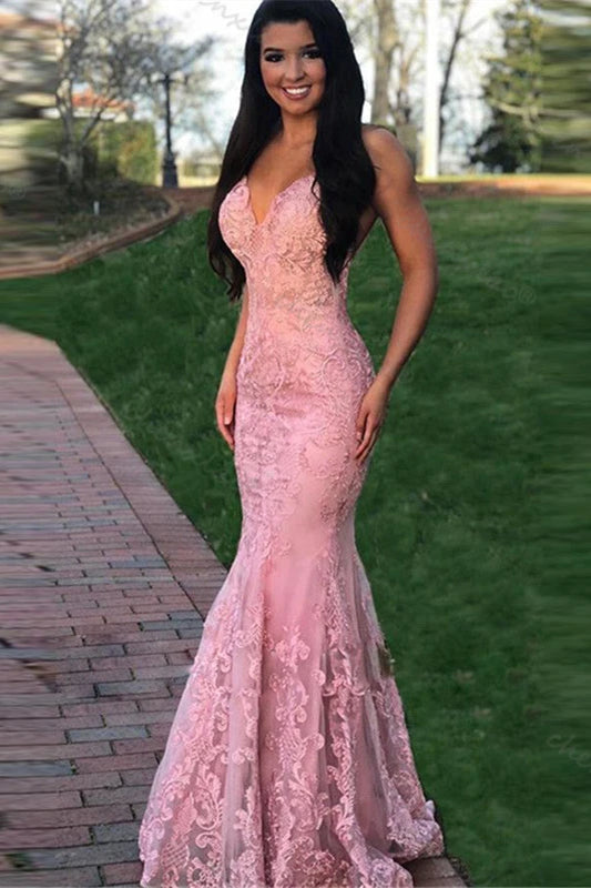 Spaghetti Straps Mermaid Lace Pink Long Prom Dress